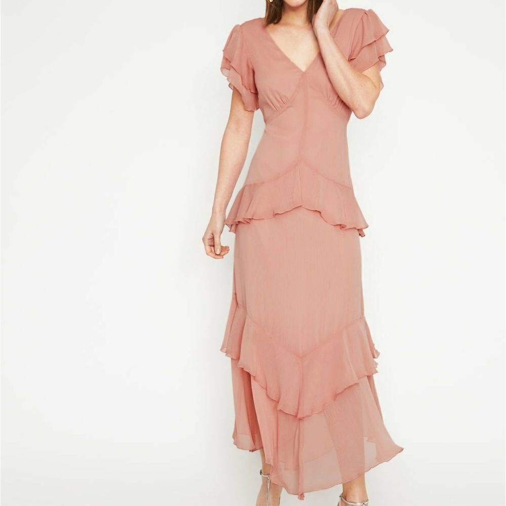 Warehouse tiered maxi dress with ruffles in pink size 8